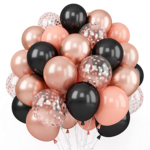 Rose Gold and Black Balloons, 50PCS 12 Inch Pearl Rose Gold Latex Balloons Black Balloons Confetti Rose Gold Balloons for Black Party Decorations, Birthday Decorations, Baby Shower