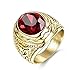 MASOP Lunxury Engraved Stainless Steel Mens Ring Red Synthetic Ruby Crystal Gold Color Wedding Band Rings