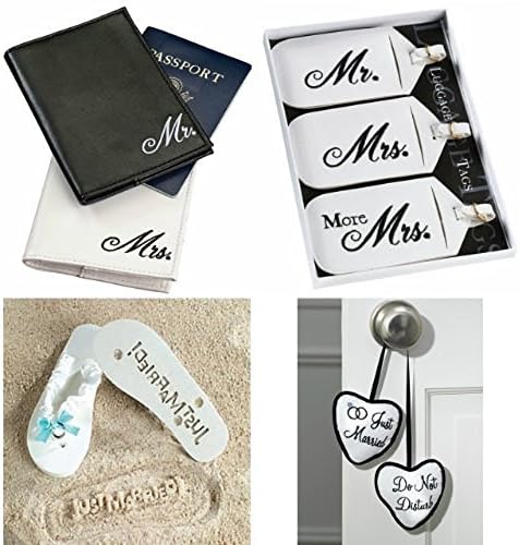 Honeymoon Gift Package, Includes: Mr & Mrs Passport Cover, Mr & Mrs Luggage Set, Just Married - Do Not Disturb Door Hanger & Just Married Flip Flops
