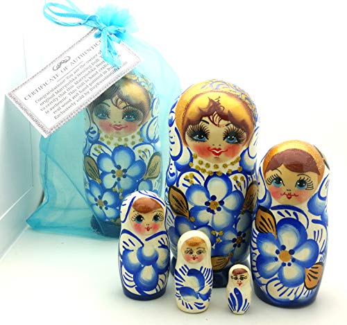 BuyRussianGifts Authentic Russian Nesting Doll Hand Painted 5 Piece Wooden Doll Set in a Gift Bag / 5 inch Tall Blue / Gold