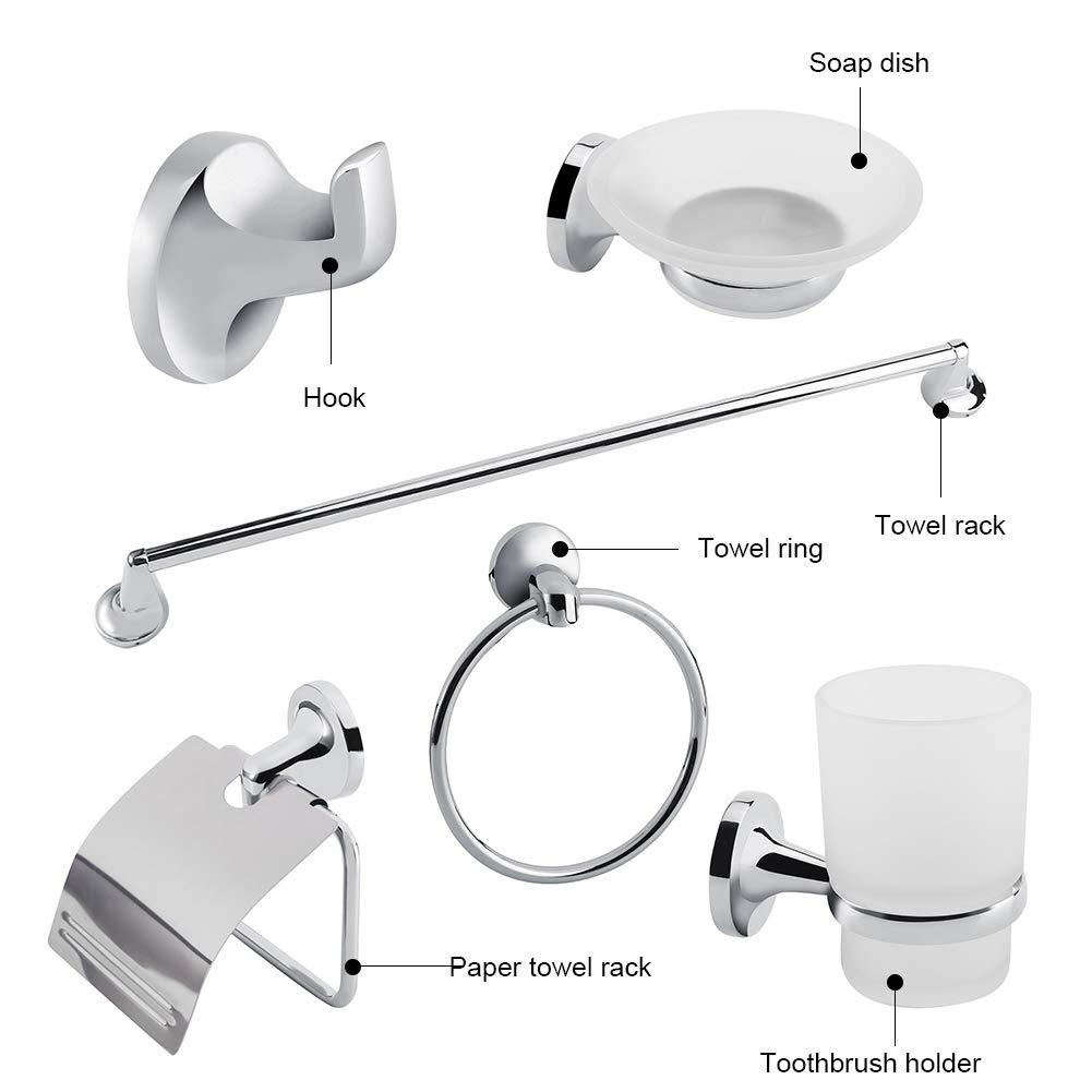 6 Piece Bathroom Accessories Set, Chrome Toilet Roll Holder Soap
