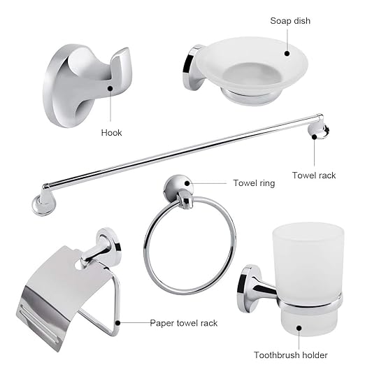 6 Piece Bathroom Accessories Set, Chrome Toilet Roll Holder Soap