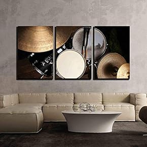 3 Piece Canvas Wall Art - Drum Set in Dramatic Light on a Black Background - Modern Home Art Stretched and Framed Ready to Hang - 16"x24"x3 Panels