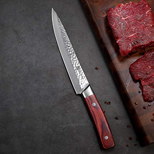 Carving Knife 8 Inch, PAUDIN Narrow Chef Knife of Slicing Sashimi, Meat, Sharp Kitchen Knife, 7Cr HC German Stainless Steel with Hammered Pattern
