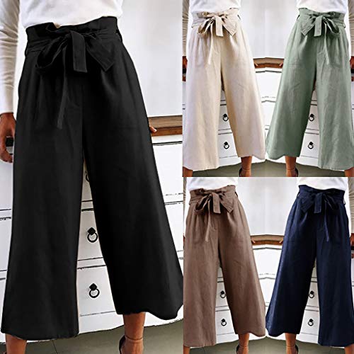 Pervobs Women's Wide Leg Pants Wild Casual Loose Solid Belt Cropped Trousers Pant Straight Fit(S, Z02-Black) - Thumbnail 2