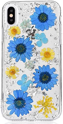 iPhone X Bling Silicone Case, iPhone 10 Rear Flowers Clear Cover, PLECUPE Ultra Thin Glitter Shiny Gold Foil Floral Flexible TPU Rubber Gel Transparent Case Skin for iPhone X, Flower#6