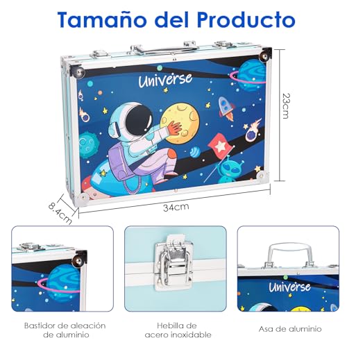 ZZBIFRJ Set de Arte Profesional Plegable de Aluminio, 145 Piezas Kit de Dibujo en Color, Lapices de Colores Profesionale Ideal Regalo para Niños (Astronautas)