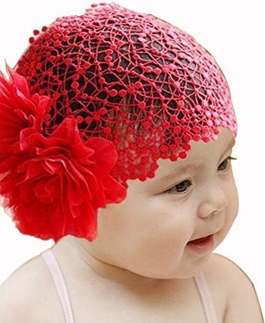 Baby Girl Toddler Cute Lace Wide Headband with Big Flower Stretch Headwear (Red)