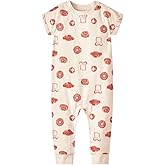 Organic Cotton Baby Romper with Bakery Print Pattern, Short Sleeve Bodysuit, Snap Closure, 12 Months, Beige with Red Pastry Design