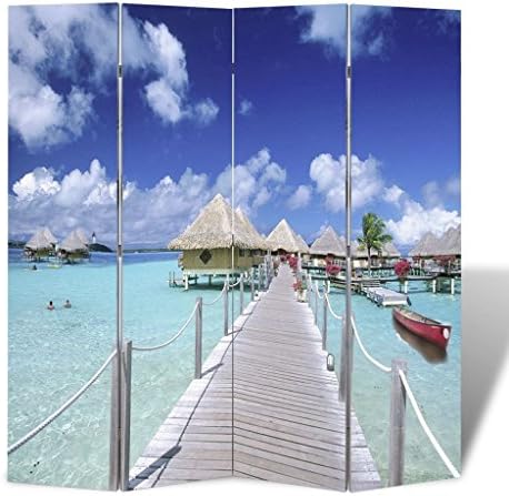 4-Panel Wooden Room Divider Screen Folding Double Sided Different Beach Print