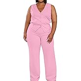 Women's Plus Size Pant Suits 2 Piece Outfits Button Vest Blazer Pockets Wide Leg Pants Sets Casual Pantsuits