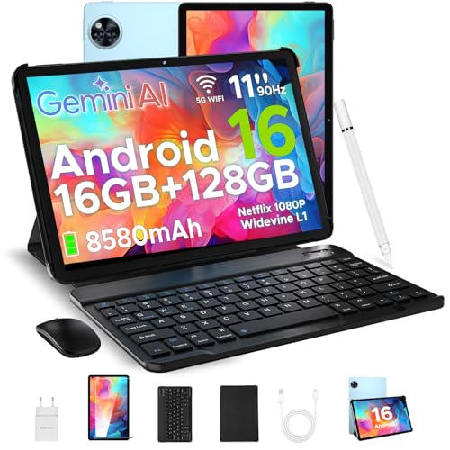 U11 Android 16 Tablet 11 Inch Gemini AI, 16GB+128GB/2TB TF, 90Hz, 8580mAh, Gaming Tablets Unisoc T7200 Octa Core/13MP+5MP/Widevine L1/WiFi 5/Face ID, Tablet with Keyboard, Pen, Mouse, Case - Blue