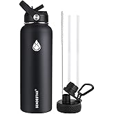 SENDESTAR Stainless Steel Water Bottle, Insulated Water Bottle 40 oz with New Straw Lid or Spout Lid Keeps Liquids Hot or Cold with Double Wall Vacuum Insulated Bottle (Black)