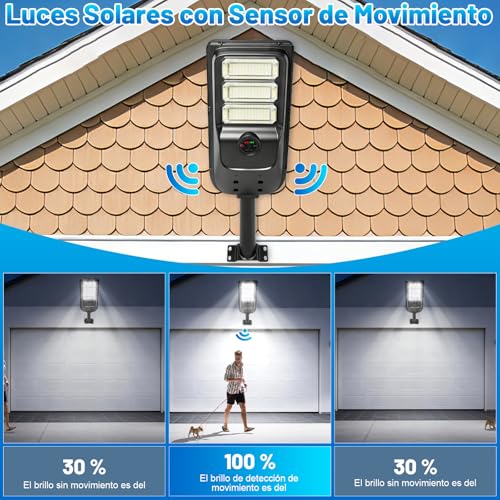 Lamparas Solares Exterior 300W, 30000LM Lampara Solar Exterior con Sensor de Movimiento, 8500K Luces Solares para Exterior de Dusk a Dawn,Adecuada Para Garaje,Carretera,Senderos,Jardín y Porche,IP66