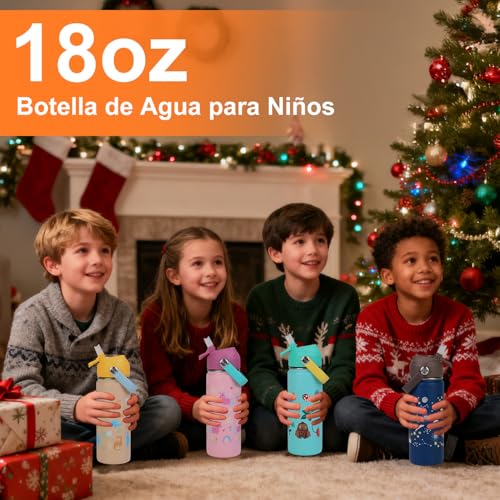 CHARMDOMI Termos para Agua Niños,Botella de Agua 18 oz,Thermos Kids Rosa/Azul/Amarillo/Verde,Acero Inoxidable Doble Capa con Popote,Termo y Botellas Frio y Caliente (Rosa)