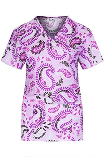 MedPro Women's Printed Mock Wrap Medical Scrub Top Multi Pack ASTD:Pink,Purple S - Thumbnail 2