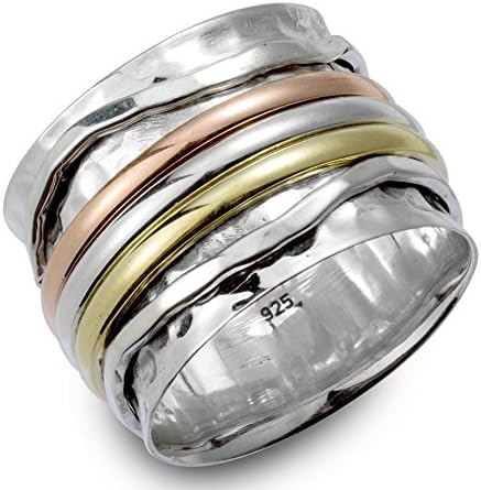 Meditation Ring with Tri Color Spinning Rings Hammered Pattern Base Ring Size 7 8 9 10 11 Sterling Silver Energy Stone (sku#977) (8)