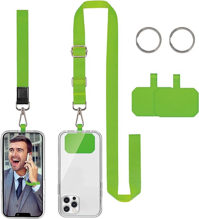 DGHYDZ Cell Phone Lanyard, Universal Crossbody Lanyards Adjustable Shoulder Neck Strap with wrist lanyard, 2 Key Rings, 2 Phone Tether Pads Compatible Most Smartphones (12-Fluorescent green)