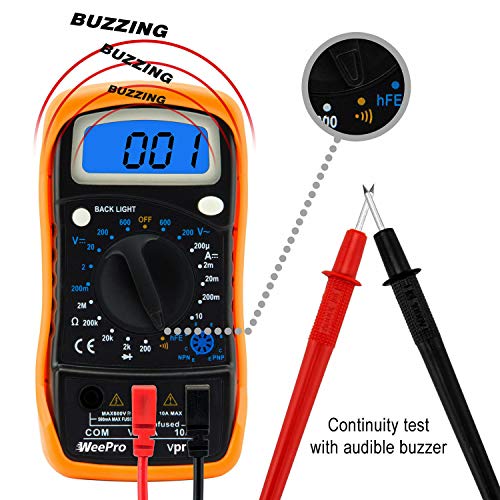 WeePro Vpro850L Digital Multimeter DC AC Voltmeter, Ohm Volt Amp Test Meter, Electric Tester Ohmmeter with Diode and Continuity Detector, Backlit Display and Insulated Rubber Case Kickstand