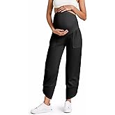Yousify Womens Wide Leg Maternity Pants Casual Stretchy Ribbed Palazzo Pregnancy Trousers with Pockets