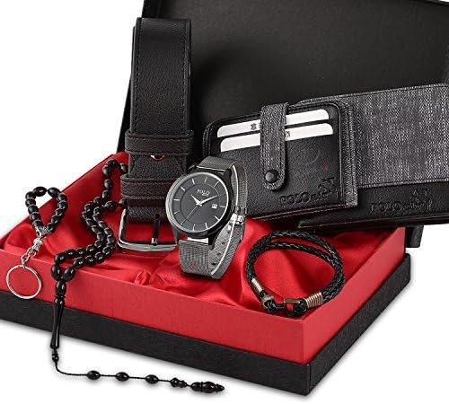 POLO Men's Accesories Set Including Wrist Watch - Belt - Wallet - Credit Card Holder - Key Chain - Bracelet - Bead Rosary