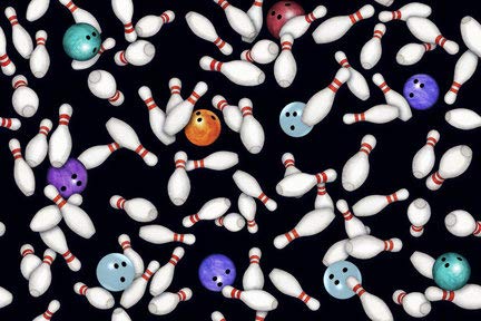 Bowling Fabric Bowl-a-Rama Pins and Ball in Black from Quilting Treasures 100% Premium Quality Cotton Fabric by The Yard