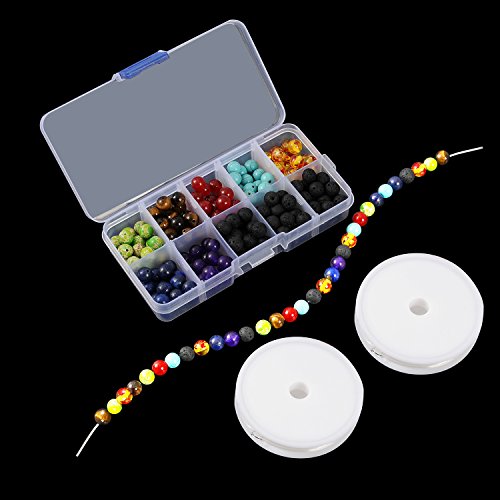 YUEAON 200pcs 8mm colorful natural chakra beads and Black Lava Rock Stone Essential Oil Diffuser bead for jewelry making Bracelet Necklace pendant DIY(2 rolls elastic cord+container box include) - Thumbnail 3