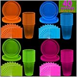 Neon Plates (9"), Cups (12 oz) & Napkins - 40 Servings, 4 colors - Black Light Party Supplies, Glow-in-the-Dark with UV Light - for Birthdays, 80s Theme, Fiesta, clubs