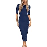 REVETRO Women's Spring Midi Bodycon Dresses Fall 3/4 Long Sleeve Crewneck Ribbed Knit Fitted Casual Dress