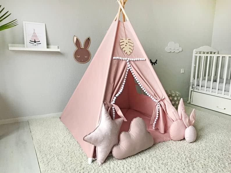 Kids Teepee Tent with White Pom Pom - Indoor Play Teepee for Children Boys Portable Play House (Pink)