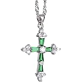 RIZILIA Faith Cross Necklace for Women - Trapezoid Round Cut Multi Color Birthstone Options - 18K White Gold Plated CZ Pendant, 18"+2" Chain - Gift Boxed for Her, Mother Birthday Anniversary