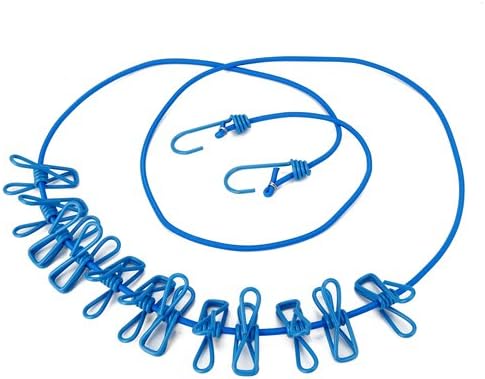 Clothesline, 5.9 Feet Extendable Clothesline with 12 Clips, 2 Hooks for Sock, Pants, Towel, Small Size Clothing, Blue