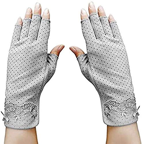 Women Sunscreen UV Protection Fingerless Gloves Nonslip Summer Fishing Driving Gloves Half Finger Wrist Cotton Gloves Fancy Dress Gloves Grey
