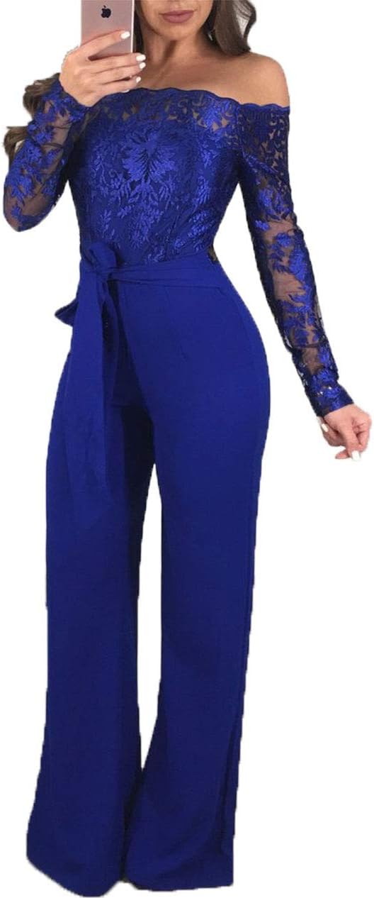 Salimdy Elegant Appliques Lace Patchwork Jumpsuit Women Sexy Off Shoulder Slim Wide Pants Romper