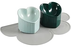 HCHLQLZ Elevated Cat Food Bowl Set - Double Tilted Cat Bowls with Non Slip Mat - Raised Ceramic Cat Bowl Set - Cute Wide Cat Feeding Bowls Whisker Friendly - Tall Cat Dishes Anti Vomiting - Green & Dark Green