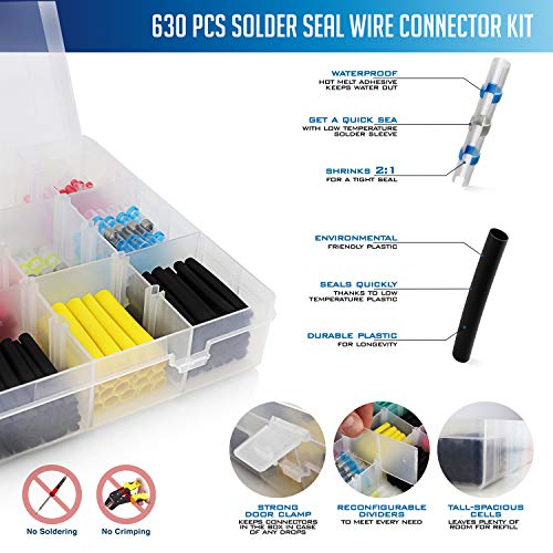 Exuby 100 Solder Seal Wire Connectors and 530 Heat Shrink Tubing Bundle Pack - Professional Grade with Easy Color Coordination & Organization Box - Quick & Easy Waterproof Soldering with NO Crimping - Thumbnail 4
