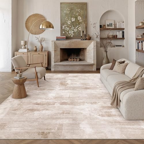 PureCozy Rugs Living Room Rug 200x300cm Beige Brown Washable Non Slip Abstract Natural Neutral Modern Large Carpet Bedroom Lounge Bedside Kitchen Hall Low Pile Carpets