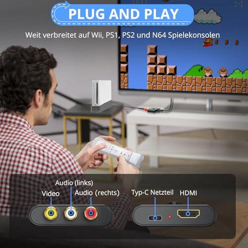 CAMWAY RCA to HDMI Adapter, 16:9/4:3 Conversion 1080P Composite CVBS AV RCA Video Audio Converter with 50 cm HDMI Cable, AV Adapter Supports PAL/NTSC for Wii/PS1/PS2/N64/Xbox/DVD/VCR