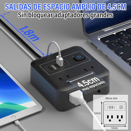 KIROGILY Multicontacto Extension Electrica con Protector Supresor de Picos Voltaje, 8 En 1 Regleta Multicontactos USB Hogar Oficina, Sleek Socket con Enchufe Plano, 4 Salidas Y 4 USB (2 USB-C), 1.8 M