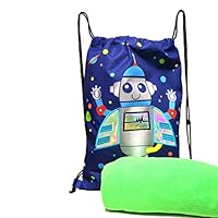 Carried Away Bags Designer Drawstring String Bag and Towel Set for Boys Beach Pool and Travel - Robot