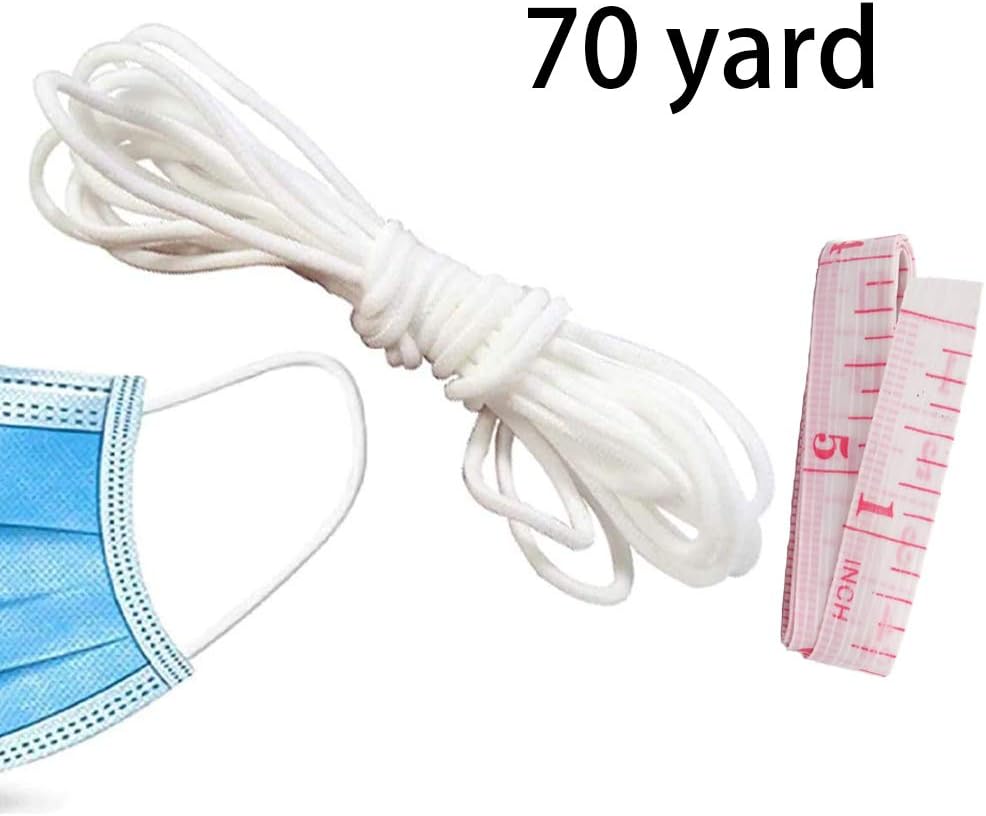 White Elastic Cord Stretch Bands-1/8 Width Hat Band Elastic String Bands Shock Rubber Cord for Masks, Sewing Crafts, Home Decoration, Including One 70-Yard Elastic Band and One 25-Inch Soft Tape