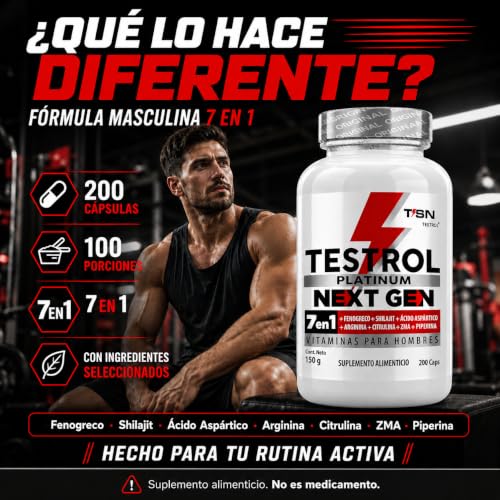 Testrol Platinum Next Gen 7 En 1 para Hombres | Shilajit, Fenogreco, Ácido Aspártico, Maca, Arginina, Citrulina y ZMA | (200 caps)