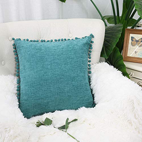 CaliTime Throw Pillow Cases Pack of 2 Cozy Solid Dyed Soft Chenille Cushion Covers with Pom Poms for Couch Sofa Home…