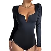 TOMYRESON Women's Deep V Neck Long Sleeve Bodysuit Knit Sexy Bodysuit Tops Fitted Shirts Tight Basic Tee (Large, Black)