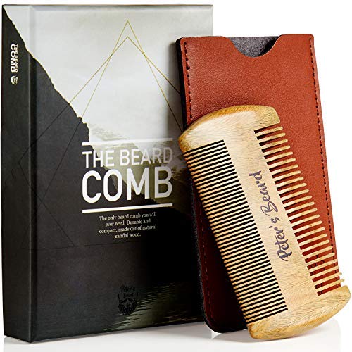 Beard Comb for Men - Wooden Natural Sandalwood Antistatic No Static Dual Action Beard Comb - Fine & Coarse Tooth Perfect for Balms and Oils Includes PU Leather Case - Presented in Cardboard Gift Box