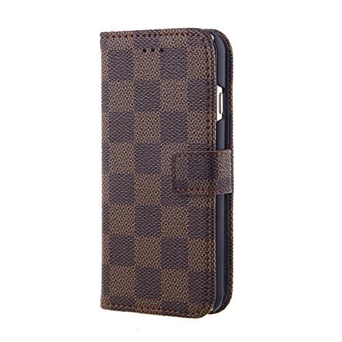 iPhone 7 Plus, Case Wallet Luxury Grid Checker Faux Leather Fashion Designer Magnet Flip Case Skin Cover Stand With Card holder(Brown)