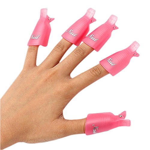 Polytree 10pcs Plastic Nail Art Polish Soak Off Remover Wrap Cleaner Clip Cap (Pink)