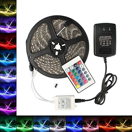 B2ocled LED RGB Flexible Strip Lights Kit SMD 5050 16.4Ft(5M) 300leds Waterproof Color Changing with 24key IR Controller and 12V 2A Power Supply Adapter