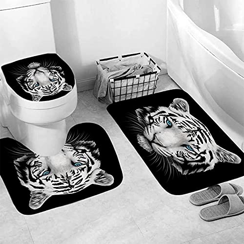 4 Pcs White Tiger Shower Curtain Sets with Non-Slip Rug, Bathroom Decor Sets Shower Curtain Toilet Mat Lid with 12 Hooks,Bathroom Sets with Shower Curtain and Rugs and Accessories,71\