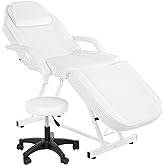 OmySalon Massage Salon Tattoo Chair Esthetician Bed with Hydraulic Stool,Multi-Purpose 3-Section Facial Bed Table, Adjustable Beauty Barber Spa Beauty Equipment, White